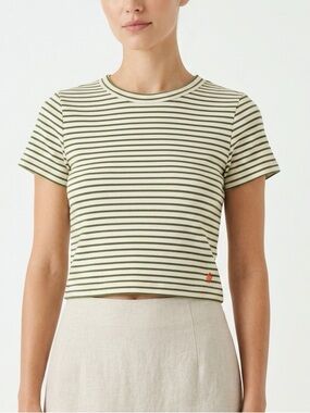 Samii Ryan Short Sleeve Ribbed Striped Crop Top Green Off-White M